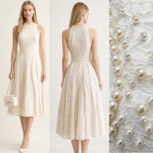 Ivory Lace Midi Dress Pearl Halter Wedding Bridal Romantic Coquette Victorian S
